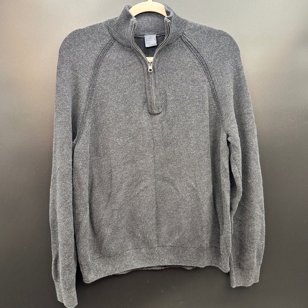 Tailor Vintage Mens Quarter Zip Sweater Gray Cotton Knit Mock Neck Large